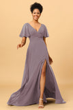 A Line V-Neck Long Chiffon Bridesmaid Dress with Slit