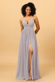 A Line V Neck Spaghetti Straps Chiffon Bridesmaid Dress with Slit