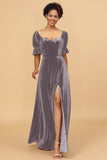 A Line Sweetheart Flare Sleeves Velvet Bridesmaid Dress with Slit