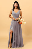 A Line V Neck Floor Length Chiffon Bridesmaid Dress With Slit