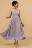 A Line Spaghetti Straps Long Chiffon Bridesmaid Dress with Ruffles