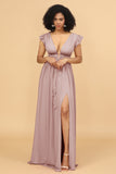 A Line Deep V-Neck Long Chiffon Bridesmaid Dress with Slit