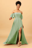 A Line Off the Shoulder Long Chiffon Bridesmaid Dress with Slit