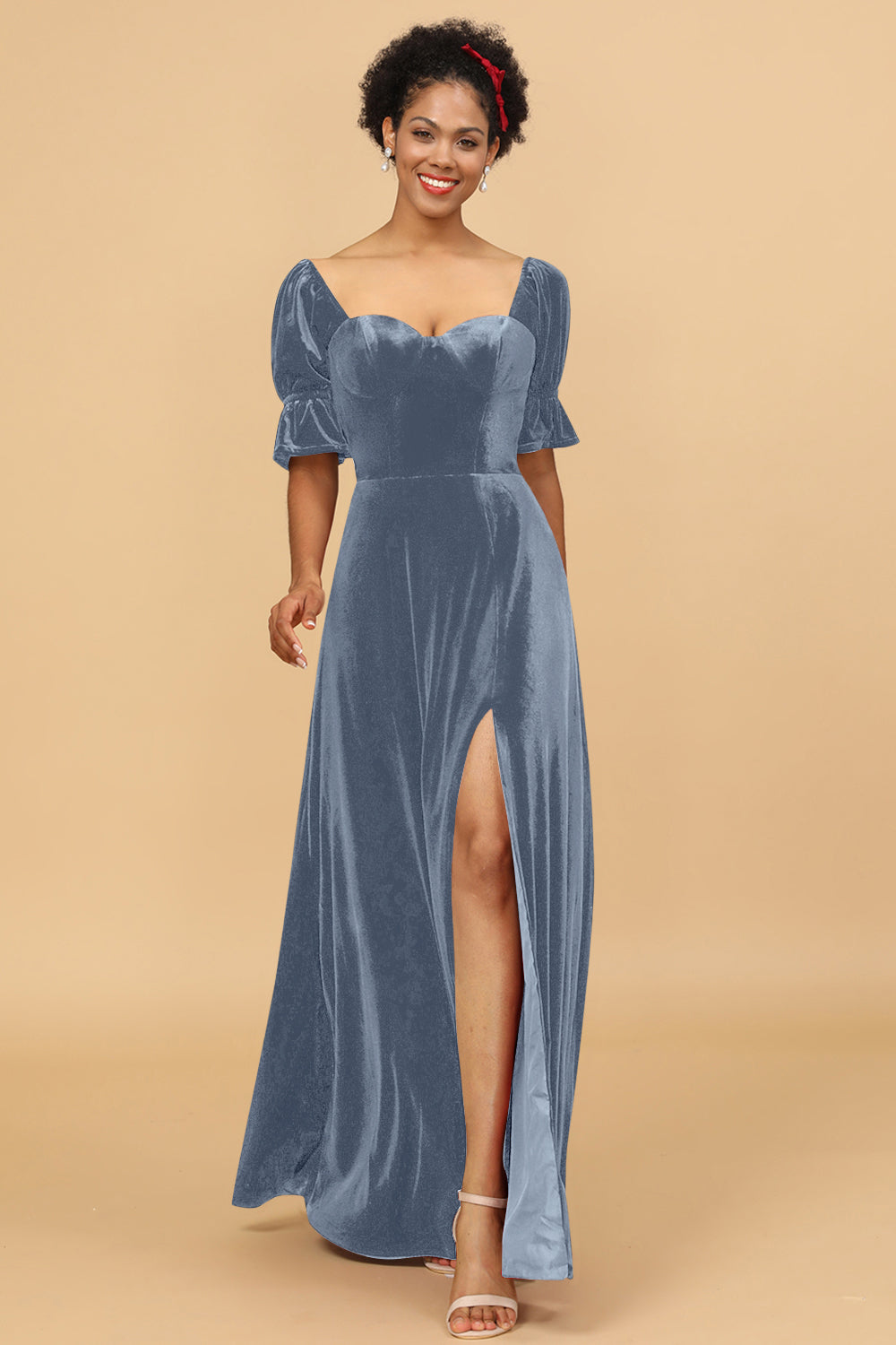 A Line Sweetheart Flare Sleeves Velvet Bridesmaid Dress with Slit