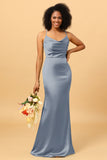 Mermaid Cowl Neckline Spaghetti Straps Long Satin Bridesmaid Dress