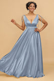 A Line Deep V-Neck Backless Floor Length Bridesmaid Dress