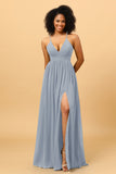 A Line V Neck Spaghetti Straps Chiffon Bridesmaid Dress with Slit