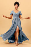 A-Line V Neck Ruched Long Chiffon Bridesmaid Dress with Slit