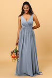 A Line V Neck Pleated Floor Length Long Chiffon Bridesmaid Dress