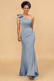 Mermaid One Shoulder Satin Long Bridesmaid Dress With Bowknot