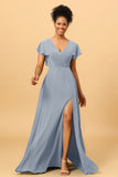 A Line V-Neck Ruched Chiffon Bridesmaid Dress with Slit