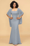 Mermaid Square Neck Long Chiffon Bridesmaid Dress with Cape