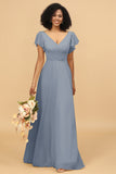 V-Neck Cape Long Floor Length Chiffon Bridesmaid Dress