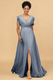 A Line V-Neck Floor Length Chiffon Bridesmaid Dress with Slit