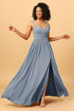 Spaghetti Straps Long Chiffon Bridesmaid Dress with Slit