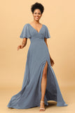 A Line V-Neck Long Chiffon Bridesmaid Dress with Slit