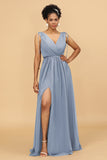 A Line Ruched V-Neck Sleeveless Chiffon Bridesmaid Dress with Slit