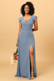 A Line V Neck Strapless Long Chiffon Bridesmaid Dress With Slit