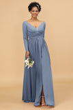 A Line V-Neck Long Sleeves Chiffon Bridesmaid Dress with Slit