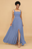 Sheath Square Neck Floor Length Chiffon Bridesmaid Dress