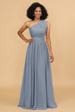 A Line One Shoulder Long Chiffon Bridesmaids Dress with Ruffles