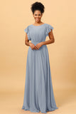 A Line Bateau Neck Ruched Long Chiffon Bridesmaid Dress with Ruffles