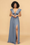 A Line Deep V-Neck Long Chiffon Bridesmaid Dress with Slit