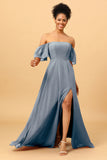 A Line Off the Shoulder Long Chiffon Bridesmaid Dress with Slit