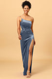 Mermaid One Shoulder Long Velvet Bridesmaid Dress with Slit