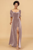 A Line Sweetheart Flare Sleeves Velvet Bridesmaid Dress with Slit