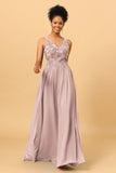 A Line V-Neck Long Chiffon Bridesmaid Dress with Lace