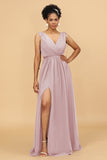 A Line Ruched V-Neck Sleeveless Chiffon Bridesmaid Dress with Slit