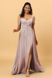 A Line V Neck Cold Shoulder Chiffon Bridesmaid Dress with Slit