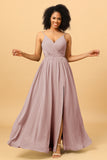 Ruched Long Floor Length Chiffon Bridesmaid Dress with Slit