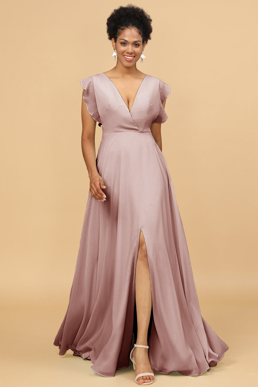 Wedtrend Women V-Neck Long Chiffon Bridesmaid Dress with Slit Wedding Party Dress, Vintage Mauve
