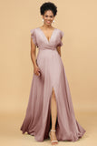 A Line V-Neck Floor Length Chiffon Bridesmaid Dress with Slit