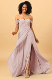 A Line Off the Shoulder Ruched Chiffon Bridesmaid Dress with Slit