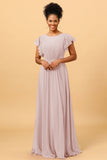 A Line Bateau Neck Ruched Long Chiffon Bridesmaid Dress with Ruffles