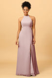 Sheath Halter Floor Length Open Back Chiffon Bridesmaid Dress with Slit