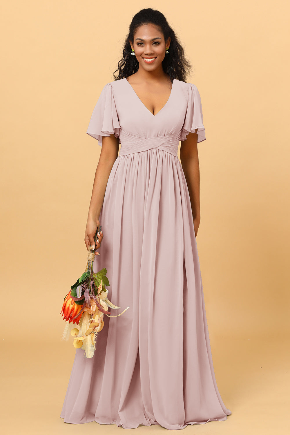 Chiffon Bridesmaid Dress Short A-Line With V Neck & Pockets - Asymmetrical Prom Party Gown Wedding Party Attire Chiffon Bridesmaid Dress Short A-Line With V Neck & Pockets - Asymmetrical Prom Party Gown Wedding Party Attire