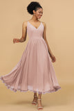 A Line Spaghetti Straps Long Chiffon Bridesmaid Dress with Ruffles