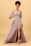 A Line Off the Shoulder Long Chiffon Bridesmaid Dress with Slit