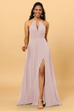 A Line Halter Open Back Long Chiffon Bridesmaid Dress With Slit