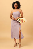 Sheath Spaghetti Straps Midi Chiffon Bridesmaid Dress with Slit