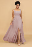 Sheath Square Neck Floor Length Chiffon Bridesmaid Dress