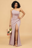 Mermaid One Shoulder Satin Long Bridesmaid Dress with Slit