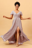 A-Line V Neck Ruched Long Chiffon Bridesmaid Dress with Slit