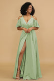 A Line Halter Cold Shoulder Chiffon Bridesmaid Dress with Slit