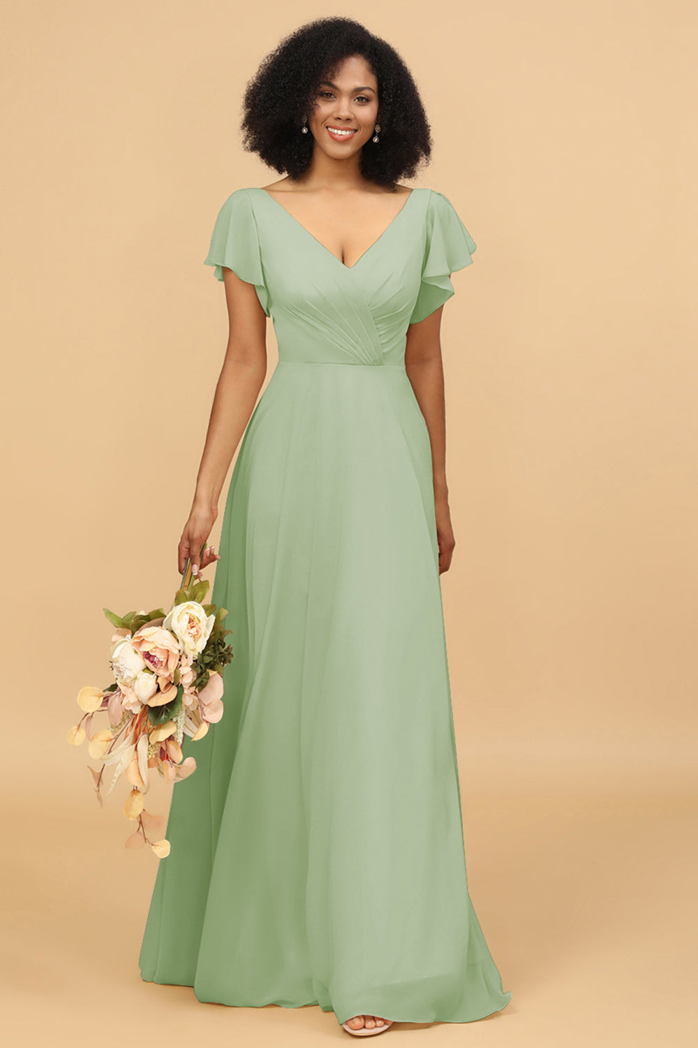 Wedtrend Women A Line V Neck Short Sleeves Floor Length Chiffon Bridesmaid Dress Formal Dress, Dusty Sage