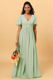 A Line V Neck Short Sleeves Chiffon Long Bridesmaid Dress